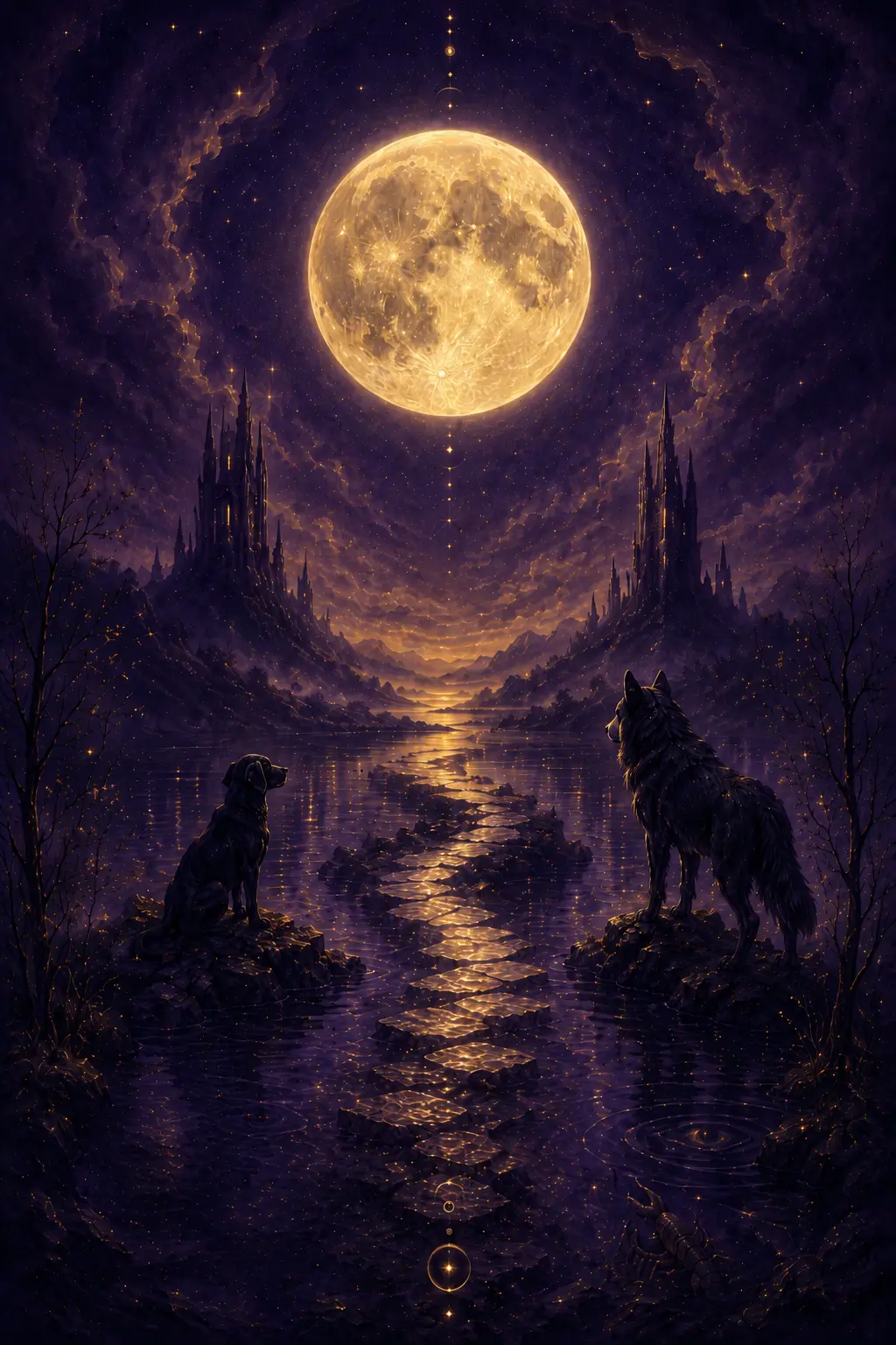 The Moon tarot card artwork with moonlight, water, a path, a dog, a wolf, and distant towers.